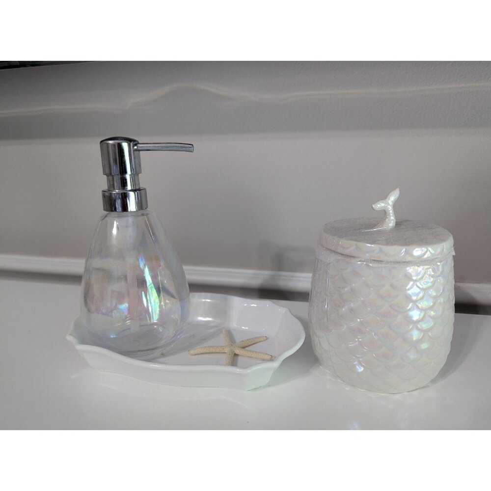 Mermaid tail iridescent bath scale scalloped beach dispenser pump & canister jar